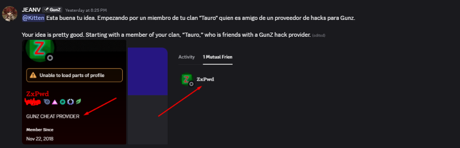 Cropped screenshot of the public GunZ Discord post