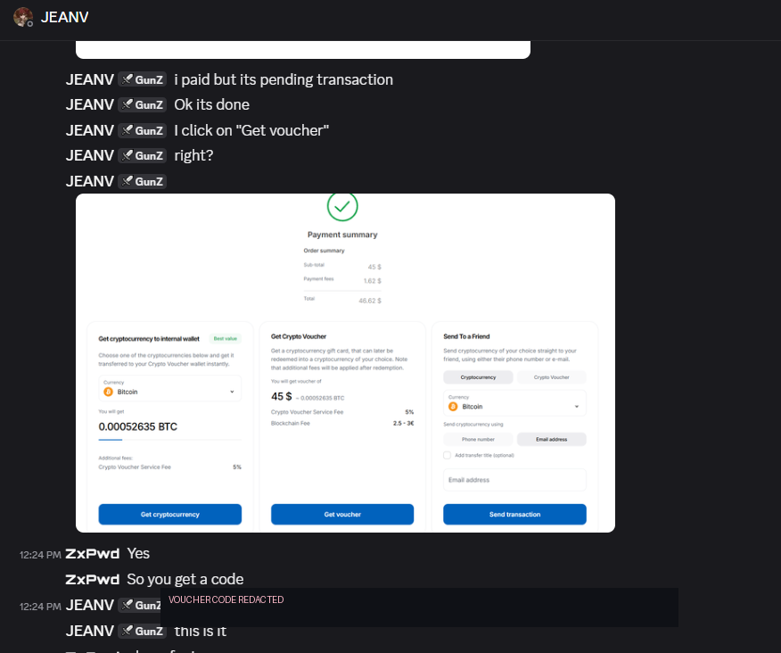 Voucher exchange screenshot with code redacted